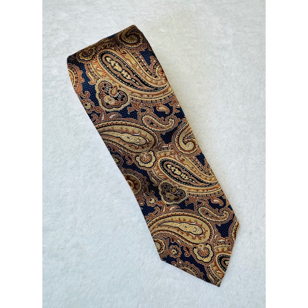Tasso Elba Necktie Gold Navy Blue Silk Paisley Tie Width 3.5" Length 58"